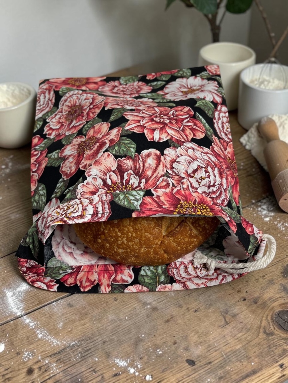 Rose Floral Black Cotton Bread Bag, Reusable Bread Storage Bag, Drawstring Bag
